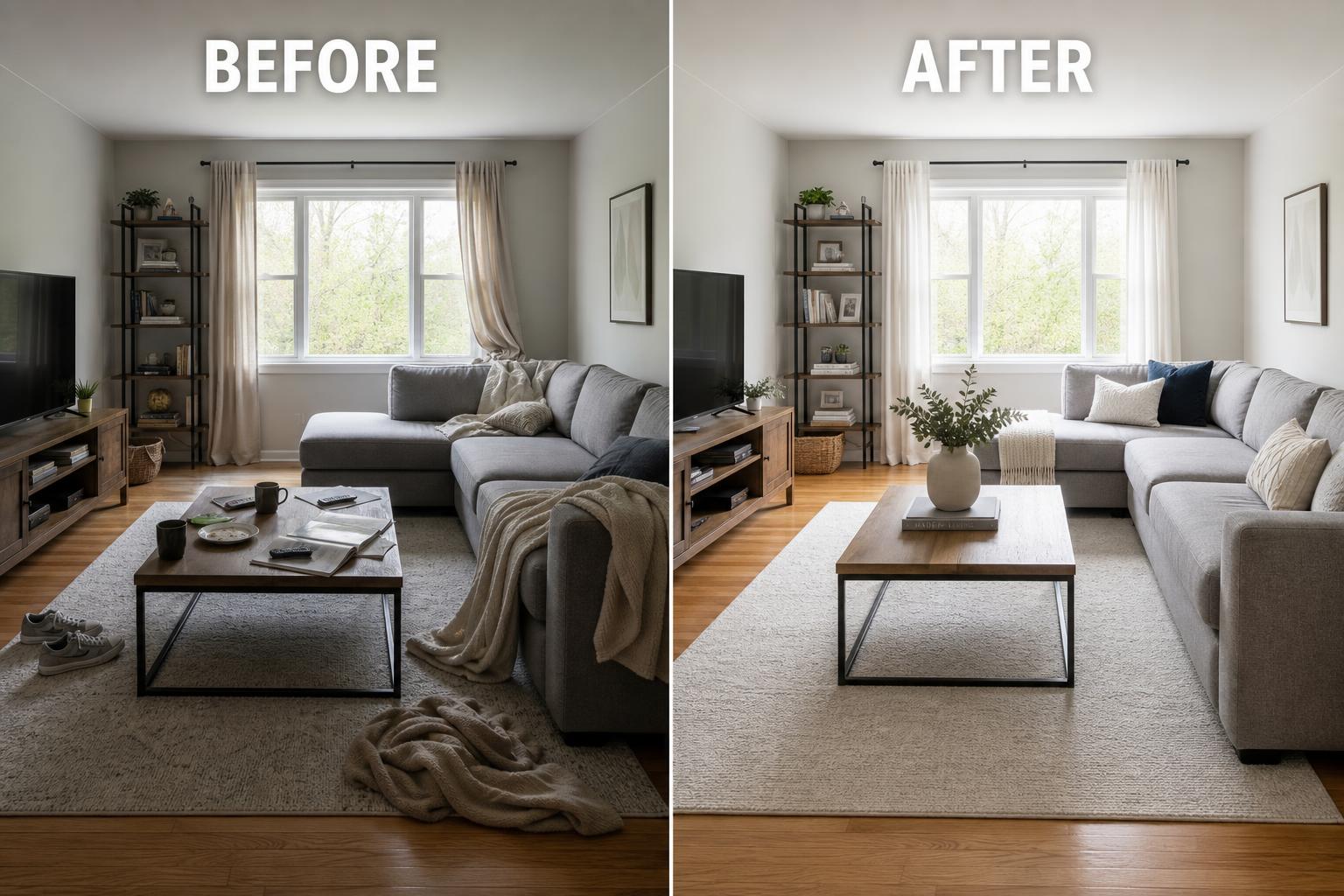 Living Room cleaning — NovoKlean Long Island & NYC Before and after living room house cleaning by NovoKlean cleaners in Long Island & NYC