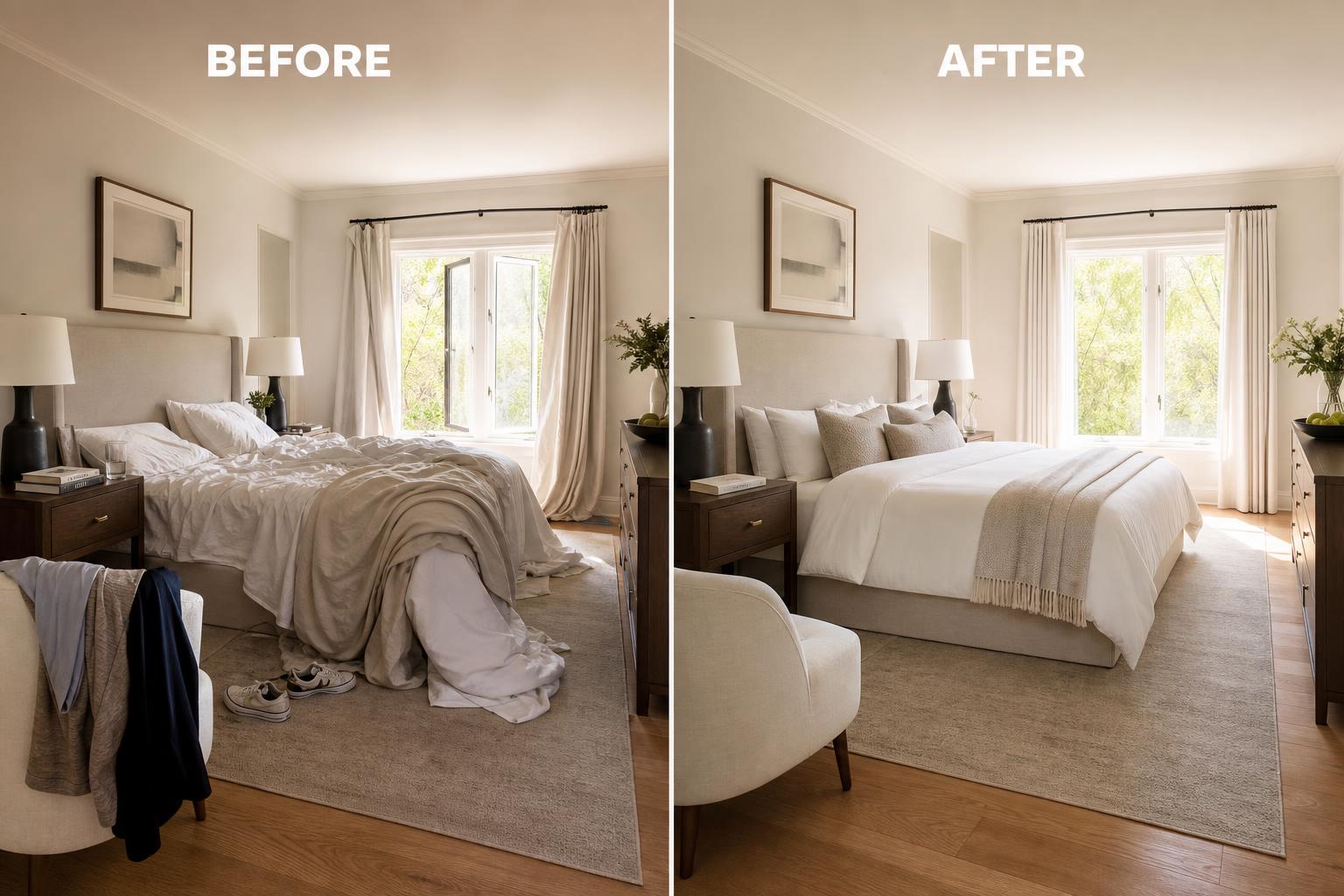 Bedroom cleaning — NovoKlean Long Island & NYC Bedroom move-in cleaning before and after by NovoKlean house cleaning service LA